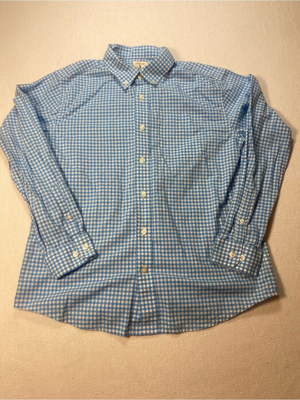 Lands' End Kids’ Light Blue Gingham Button-Down Shirt size medium 10/12